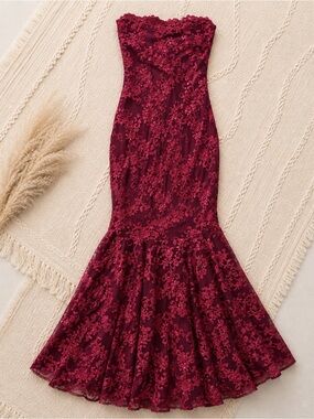 Strapless Lace Mermaid Prom Dress in Deep Burgundy